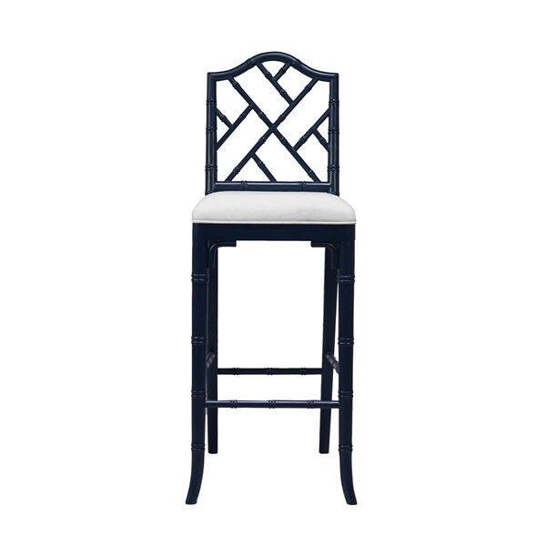 Lloyd Matte Navy Lacquer White Linen Chippendale Style Bamboo Bar Stool, image 3